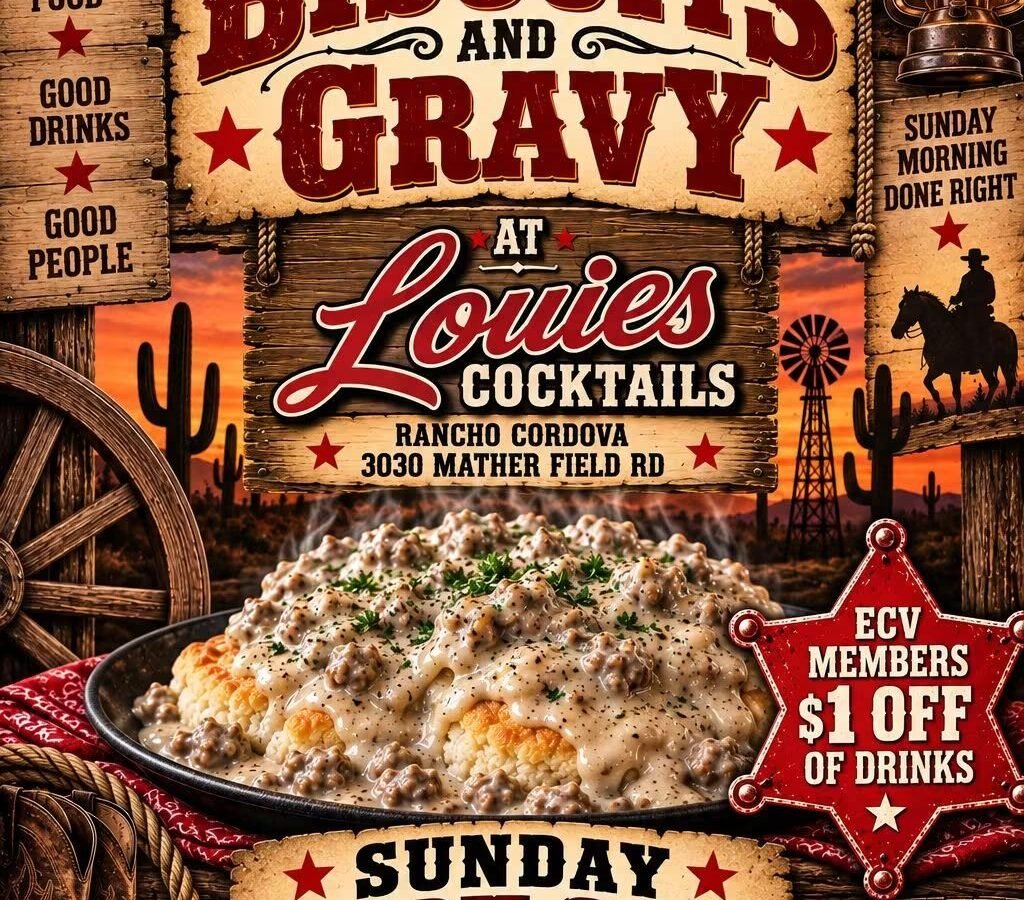 ECV Biscuits and Gravy flyer - Sunday 20 September from 10am at Louie's Cocktail Lounge, 3030 Mather Field Rd, Rancho Cordova. Everyone welcome, donations appreciated.