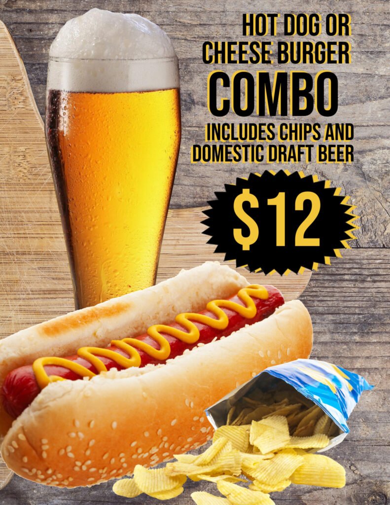 Hot dog or cheeseburger combo with chips and a domestic draft beer, $12