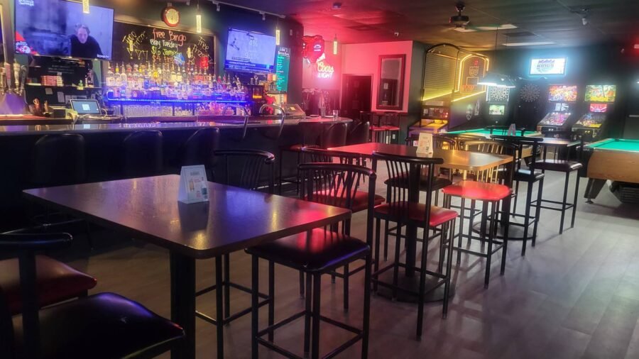 The bar counter and bottles at Louie's