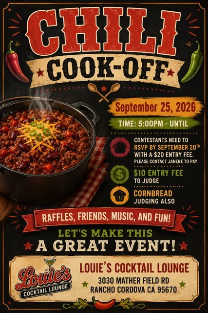 Flyer for the Louie's chili cook-off on 25 September 2026