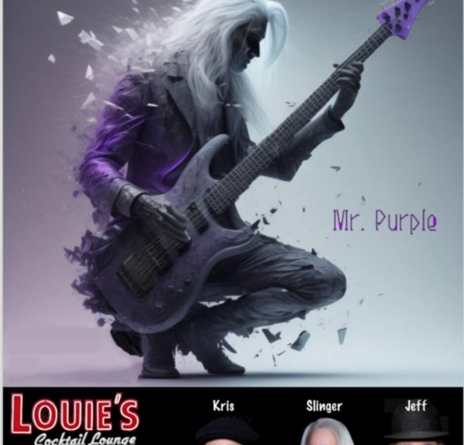 Flyer for Mr. Purple playing Louie's on Saturday 12 September, 3pm to 6pm