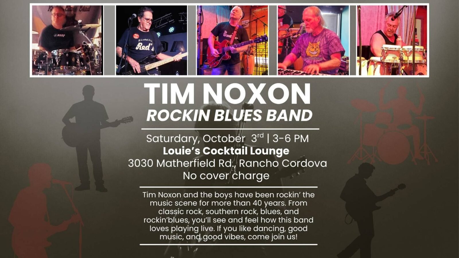 Tim Noxon Rockin Blues Band flyer - Saturday 3 October, 3 to 6pm at Louie's Cocktail Lounge, no cover charge